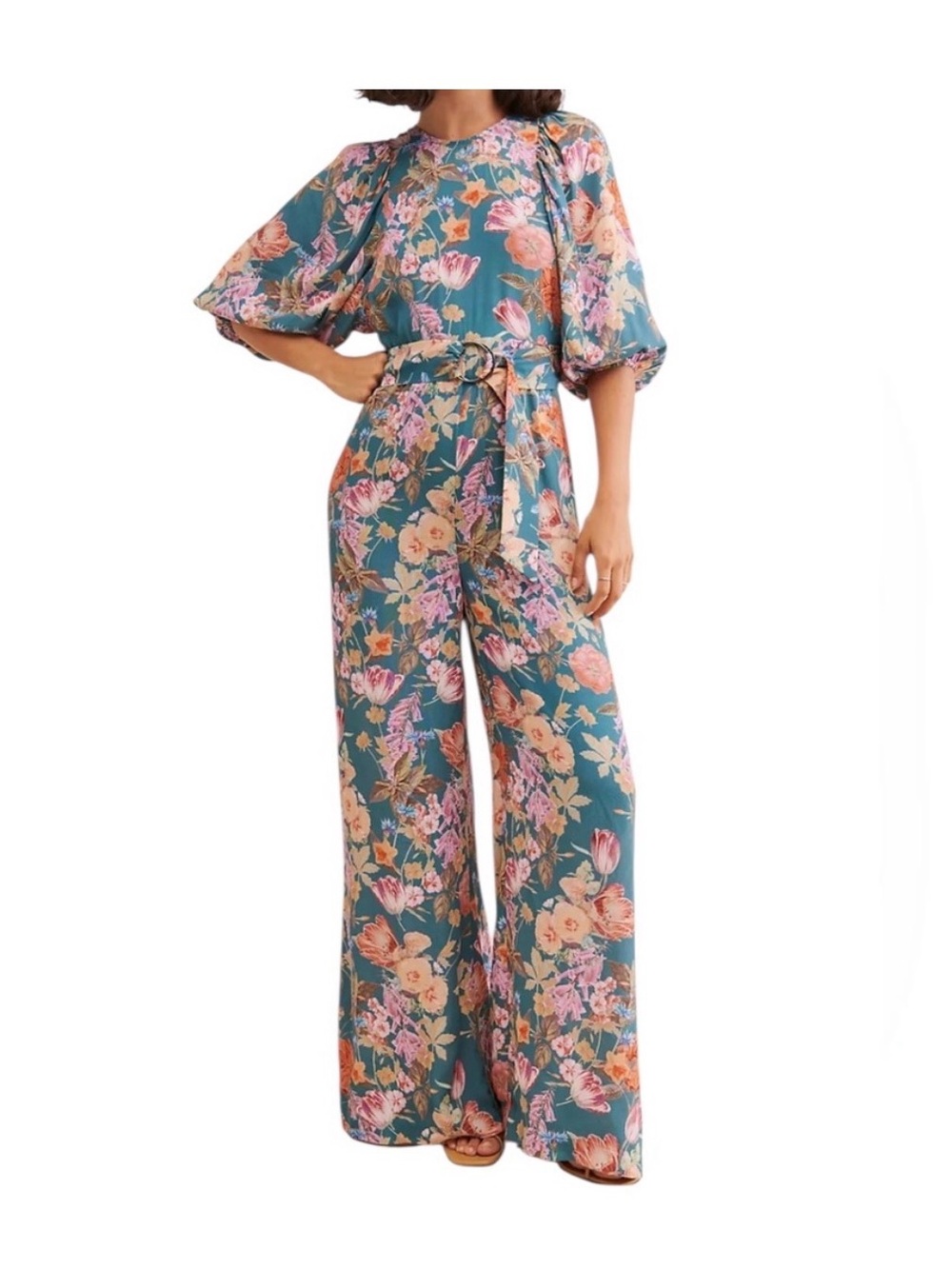 Kachel Floral Wide-Leg Jumpsuit in Teal with Belted Waist